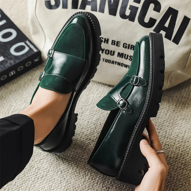 Size 37-48 Leather Monk Shoes Thick-soled British Style Black Formal Business Shoes Fashion Luxury Slip-On Casual Shoes