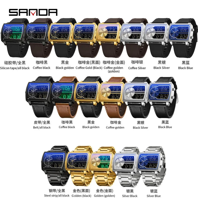 Sanda Men's Watch Fashionable Multifunctional Luminous Waterproof，Three Time Zones, Alarm Clock, Dual Display Electronic Watch