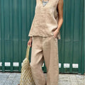 Summer Cotton And Linen Casual Outfits Female Fashion Solid Color Two-piece Set For Women Sleeveless Top Trousers Women's Suit