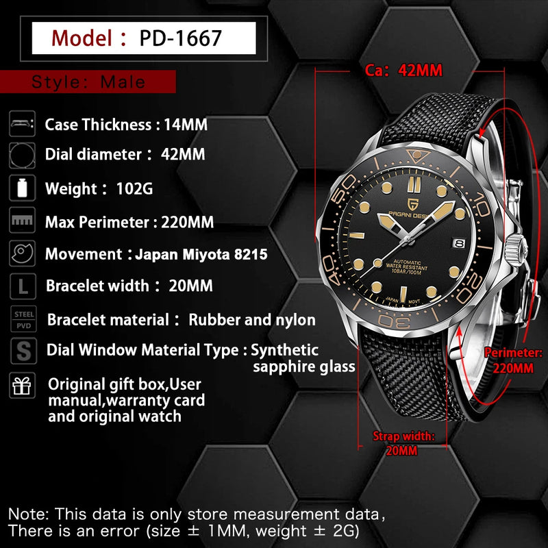 PAGANI DESIGN Luxury Automatic Watch For Men AR Sapphire crystal 100M Waterproof Diving Sport Mechanical Wristwatch Men 2026 New