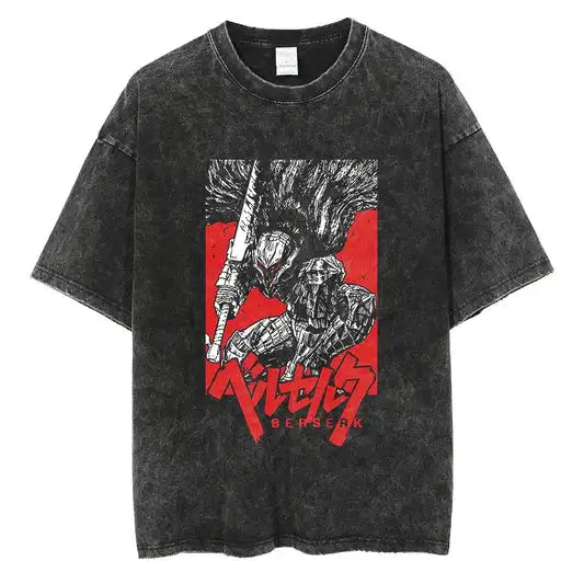 Japanese Anime Berserk Retro Washed T-shirt Men and Women New Summer Harajuku Clothing Casual Round Neck Short Sleeved Top