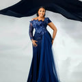Aso Ebi Arabic Navy Blue Mermaid Evening Dresses Crystals | SAMAG