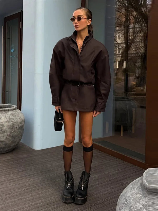 Women Faux Suede Two Piece Set Stand Collar Covered Button Long Sleeve Cropped Jacket High Waist Mini Skirt Vintage Casual Suits