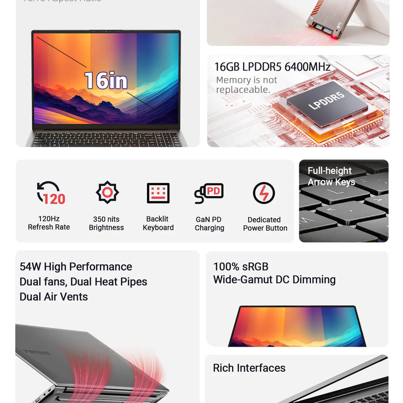 FIREBAT U6B 16" Laptop AMD Ryzen5 6600H LPDDR5 16GB RAM M.2 512GB SSD WiFi6 BT5.2 16inch 2.5K 120Hz Screen Windows11 Computer