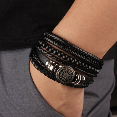 4Pcs/ Set Braided Wrap Leather Bracelets for Men Vintage Life Tree Rudder Charm Wood Beads Ethnic Tribal Wristband | SAMAG