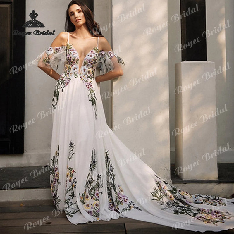 Colorful Floral Chiffon A Line Wedding Dresses Off - View 3 | SAMAG
