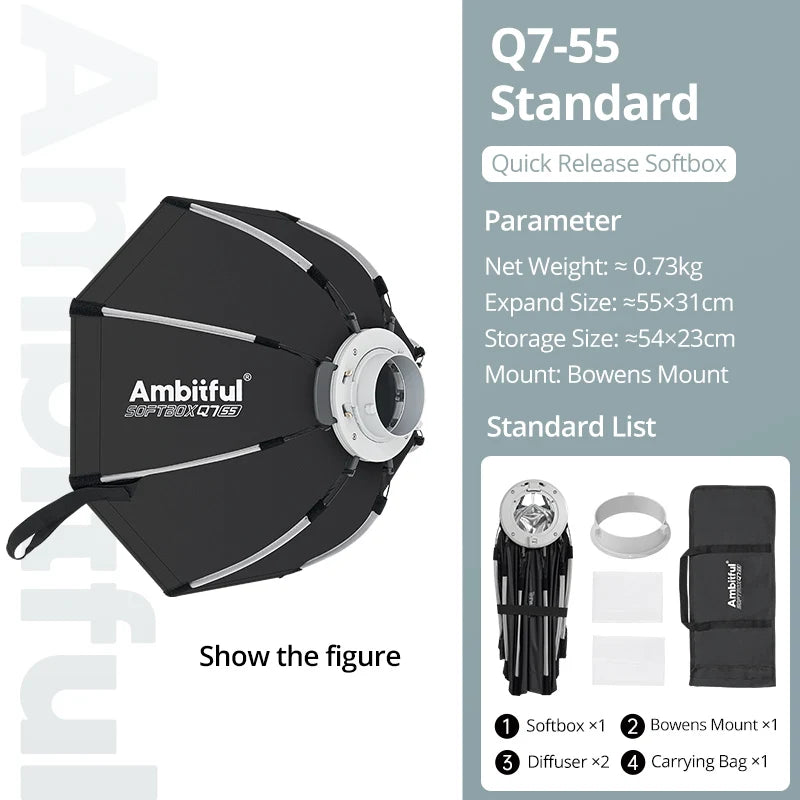 AMBITFUL 30x120cm 55cm 65cm 90cm One Touch Open Octagon/Rectangle Softbox Bowens Mount for Outdoor Studio Photography Side Wing