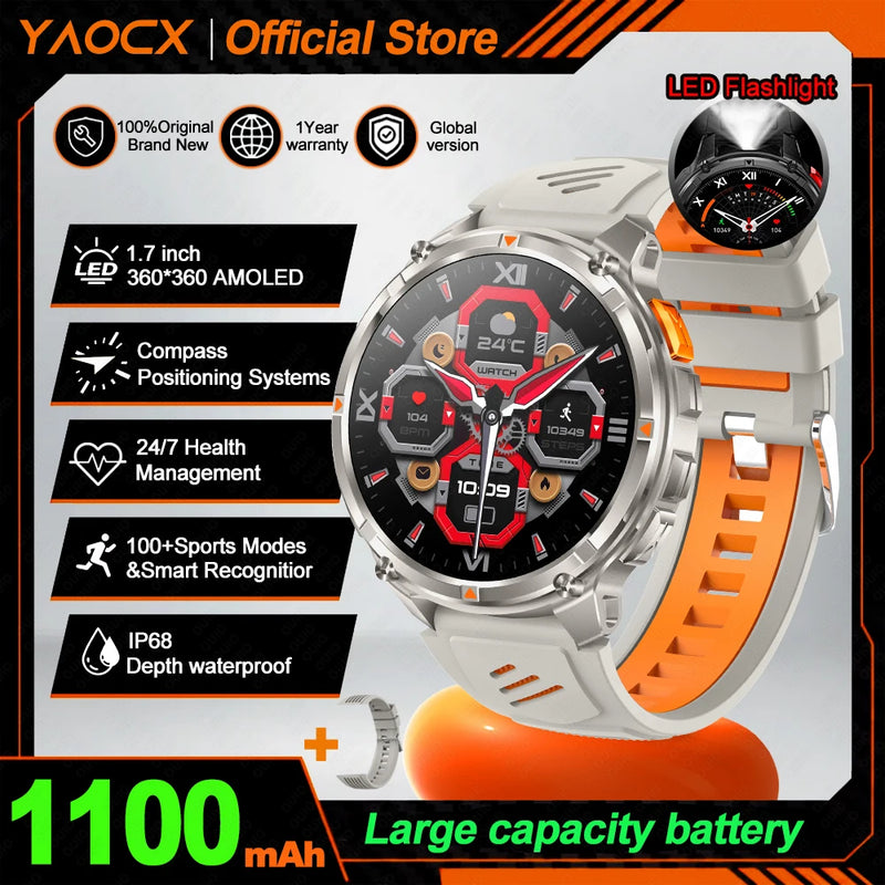 NEW 1100mAh Battery Sports Smart Watch Compass IP68 Waterproof Outdoor Flashlight Voice Assistant Heart Rate BT Call Smart Watch