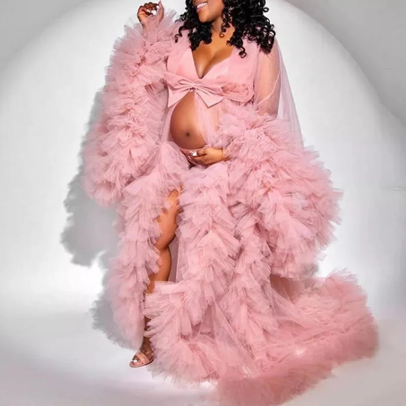 Luxury Maternity Dresses Puffy Tulle Long Women Robe Wedding Bridal Sleepwear Nightwear Front Split BabyShower Gown Photoshoot