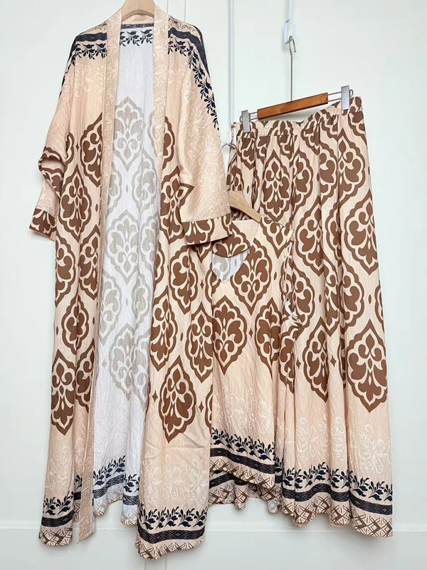 Design retro positioning printed long cardigan+vest three piece set for spring women's clothing+loose pants skirt fashion set