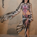 Butterfly Wing Print Jumpsuit Bodycon Skirt Sets Women Sexy Hollow Out Backless Irregular Long Sleeve Slim Jumpsuits Slit Skirts