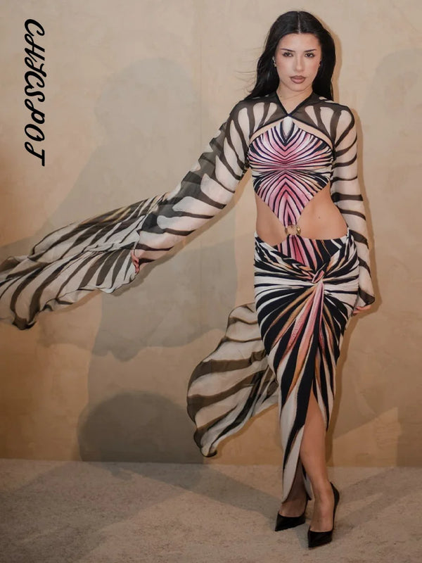 Butterfly Wing Print Jumpsuit Bodycon Skirt Sets Women Sexy Hollow Out Backless Irregular Long Sleeve Slim Jumpsuits Slit Skirts