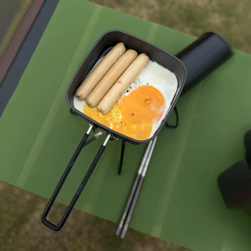 2 In 1 Folding Frying Pan Cooking Pot Aluminum Alloy Camping Cookware Set Barbecue Square Pot Pan for Fishing Hiking Riding