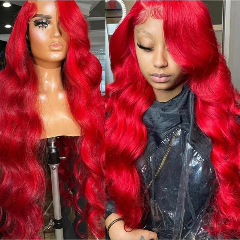 Hot Red Human Hiar Wigs 13x4 13x6 Lace Frontal Wig Body Wave Brazilian Colored Human Hair Wigs 30 36 Inch for Women  Pre plucked