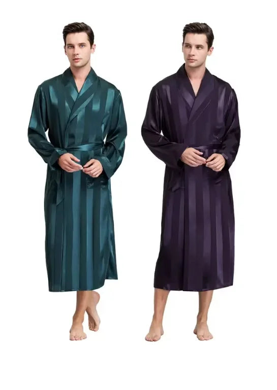 Plus Size 3XL 4XL 5XL Men Robe Sleepwear Navy Blue Stripe Kimono Bathrobe Gown with Pocket Summer Satin Home Clothes Lounge Wear