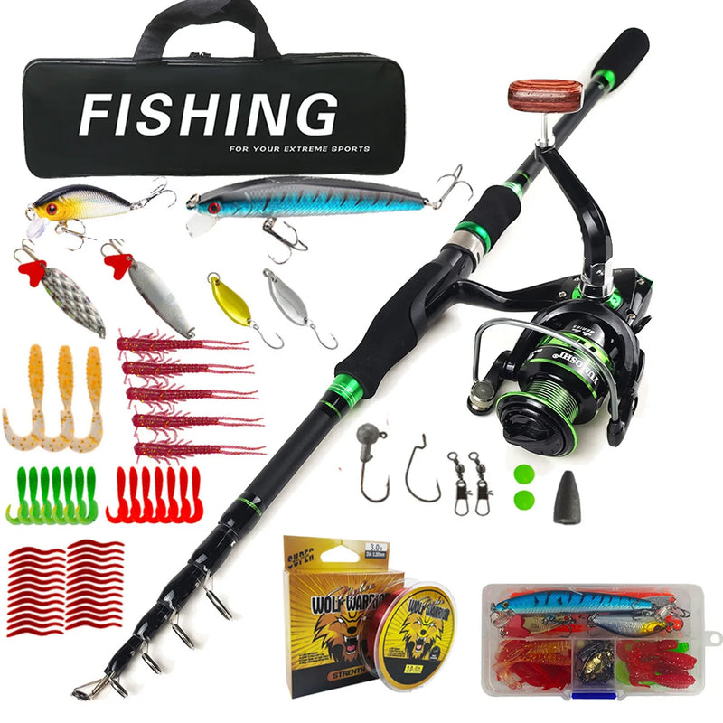 Telescopic Fishing Rod Reel Combo Full Kit 1.8m 2.1m 2.4m 2.7m Portable With Simulation Lures Tackle Accessories Carry Bag For
