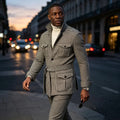 Plaid Single Breasted Safari Men Suit with Belt Set Separates 2 Pieces Custom Made Casual Wedding Daily Party (Blazer + Pants)