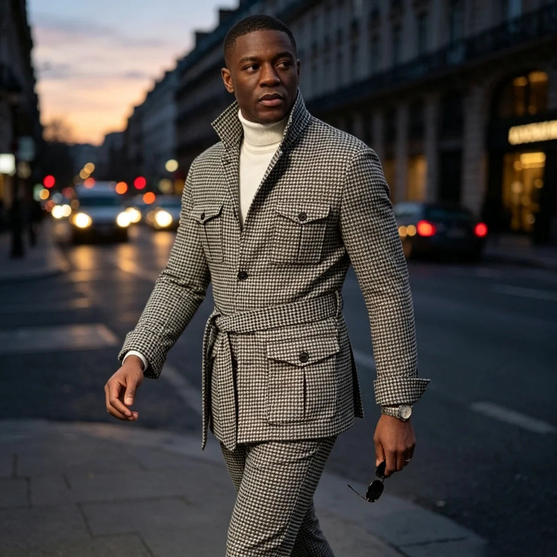 Plaid Single Breasted Safari Men Suit with Belt Set Separates 2 Pieces Custom Made Casual Wedding Daily Party (Blazer + Pants)