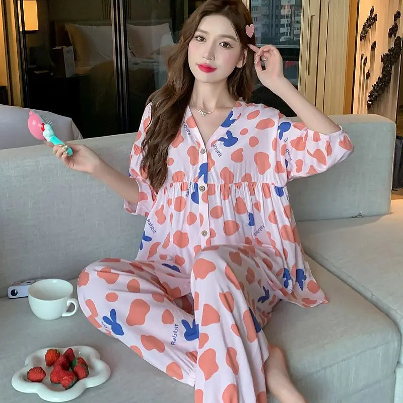 Cotton Sleepwear Big Size Cardigan Seven-minute Pants Two-piece Print Loungewear Pajama Sets Summer Nightwear Korean Fashion