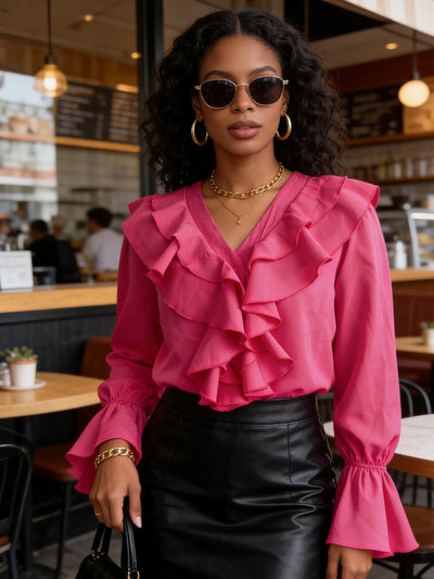 Fashion Women Blouses Autumn V - neck Ruffle Flare Sleeves | SAMAG