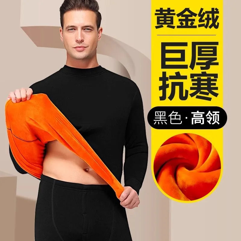 Thickened Fleece Warm Underwear Set Men's Pure Cotton Half High Collar Cotton Sweater Middle Aged Gold Velvet Autumn Clothes