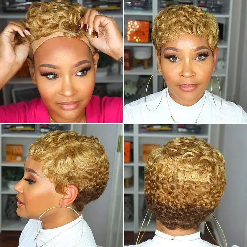 6 Inch Layered Cut Pixie Bob Wig,Natural Black 100% Brazilian Human Hair Straight Wig Full Machine Made for Women