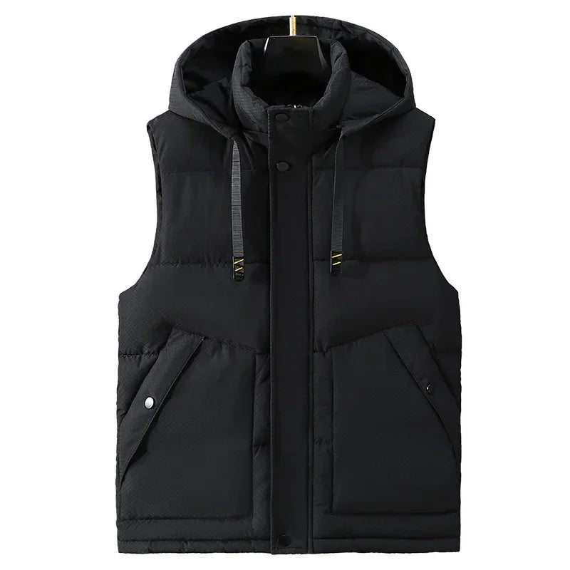 Big Size Men Padded Vest Winter Hooded Zip-up Sleeveless Jacket Padding Golf Cotton Waistcoat Work Warm Large Pocket Plus 8XL