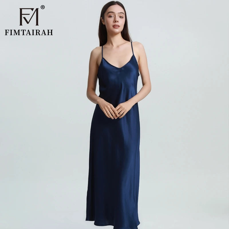 FIMTAIRAH Brand 6A 19mm New 100% Silk Nightgown Women Sexy Elegant Summer Silk NightDRESS long home wear Pajamas