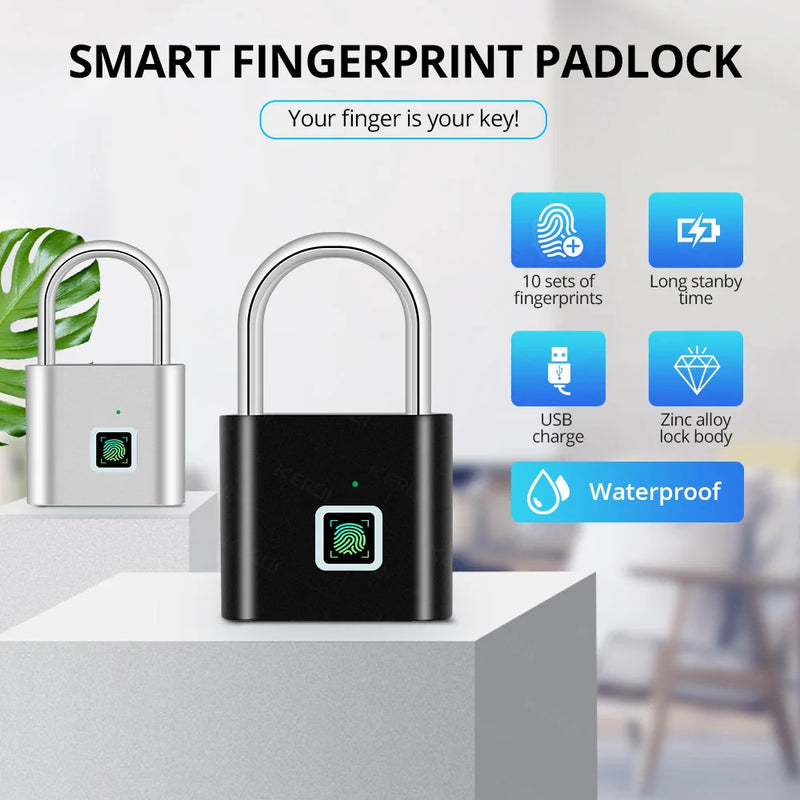 KERUI Fingerprint Lock Keyless USB Charging Smart Padlock Waterproof Door Lock 0.2sec Unlock Portable Anti-theft Padlock Zinc
