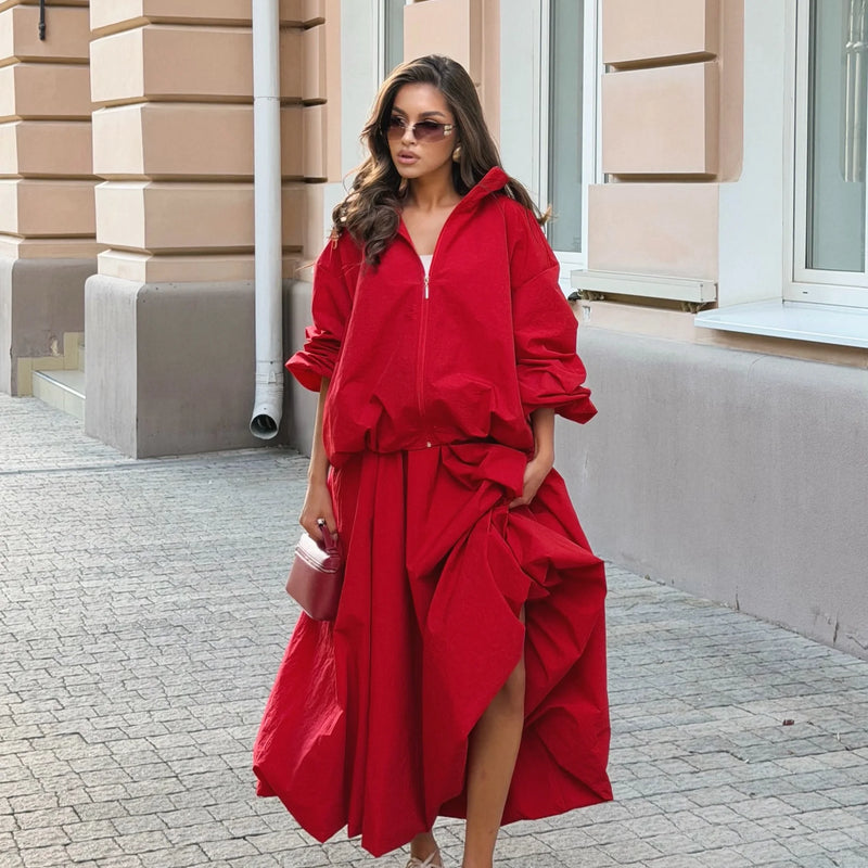 Women Oversized Hooded Zipper Jacket Maxi Long Skirt Two | SAMAG