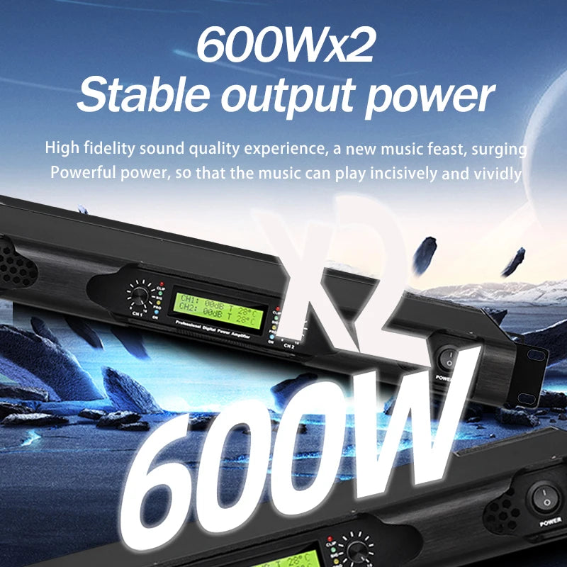 1U 2X600W Power Amplifier 2-Channel Lightweight Amplifier Digital Power Amplifier Stage Performance Audio DJ Power Amplifier