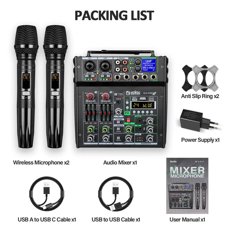 4 Channel Karaoke Audio Mixer with Dual UHF Wireless Microphone USB Bluetooth DJ Mixer for Party Computer Studio Recording DGNOG