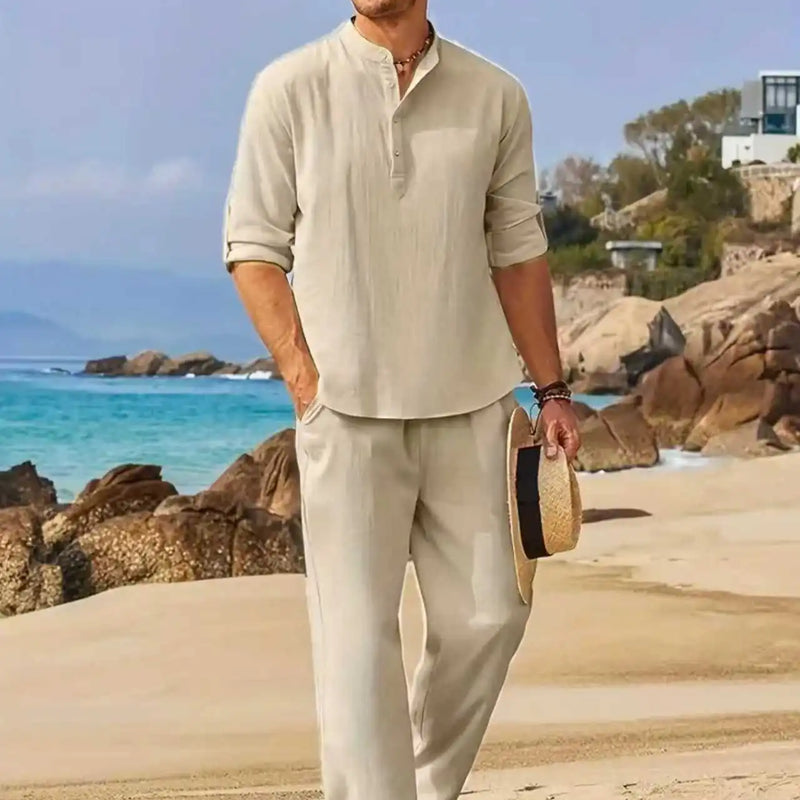 Men's White Linen Suit Set Long Sleeve Henley Shirt | SAMAG