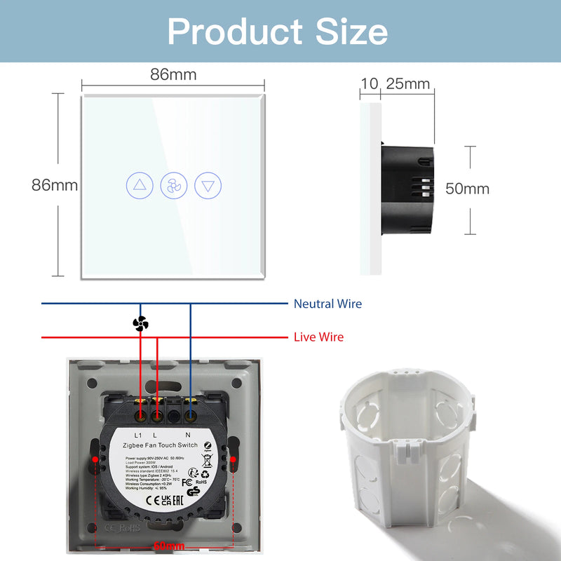 BSEED Zigbee Fans Switches Smart Wall Touch  Speed Control Switch With EU Socket Support Tuya Smart Life Alexa Voice Control