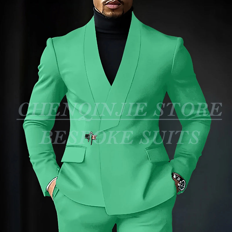 Chic Shawl Lapel Green Suits for Men High Quality Slim Fit Wedding Costume Homme Customized 2 Piece Jacket Pants Outfits Terno