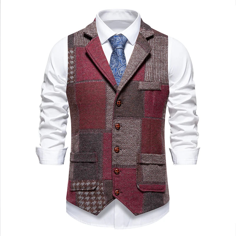 Green Men Vest Tweed Plaid Waistcoat Slim Fit Lapel Plaid Suit Vest Herringbone vintage Vest For Wedding Groomsmen vest heren