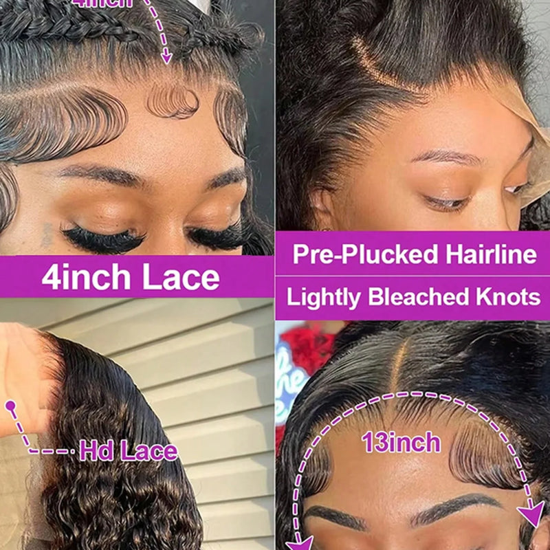 40 Inch Natural Black Water Deep Wave Human Hair Wigs For Women, 13x4 13x6 HD Transparent Lace Frontal Wig 200 Density Pre Plucked Glueless Lace Front Wig