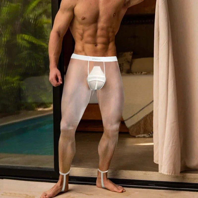 1/2/3PCS Men's Leggings Underwea Thin Sexy Transparent Ice Silk High Stretch Foot Anti Slip Pants Fitness Bottoms Pants AD776