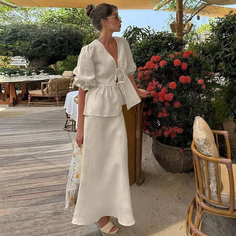 Women's Cotto V-Neck Lace-Up Bubble Sleeve Shirt Long Skirt 2 Piece-Set Summer Casual Elegant Solid Color Loose Sets