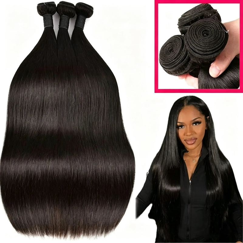 12A Bone Straight Double Drawn 100% Human Hair Bundles Weave Raw Virgin Hair Extensions #1B Natural Black Color Can Bleach For Women