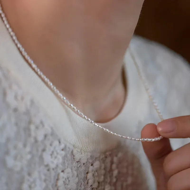 YWYC 2.5 - 3.5mm Rice Shape Freshwater Pearl Necklaces 40cm Length 925 Sterling Silver Collar for Women - Visuel 2 | SAMAG