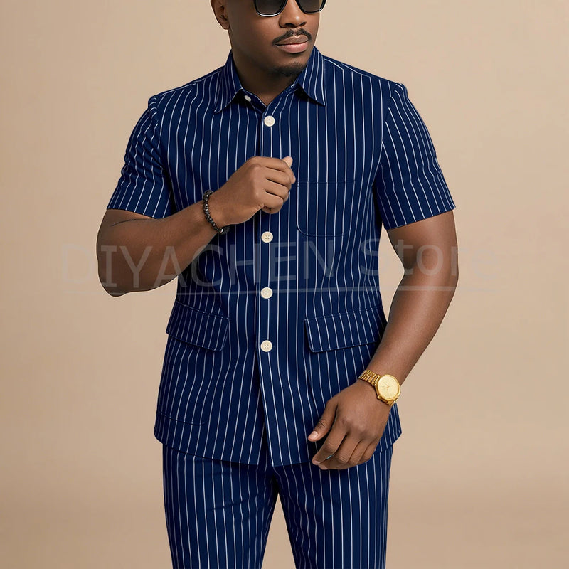 Navy Blue Striped Men Suits Chic Stand Collar Short Sleeves Wear Single Breasted Office Business Casual Male Suit 2 Piece