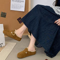 Women Suede Mules Clogs Lace Trim Buckle Strap Round Toe Slip On Shoes Vintage Brown Khaki Mid Heel Casual Outdoor Footwear