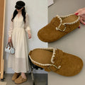 Women Suede Mules Clogs Lace Trim Buckle Strap Round Toe Slip On Shoes Vintage Brown Khaki Mid Heel Casual Outdoor Footwear