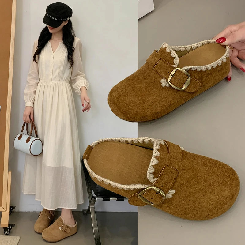 Women Suede Mules Clogs Lace Trim Buckle Strap Round Toe Slip On Shoes Vintage Brown Khaki Mid Heel Casual Outdoor Footwear