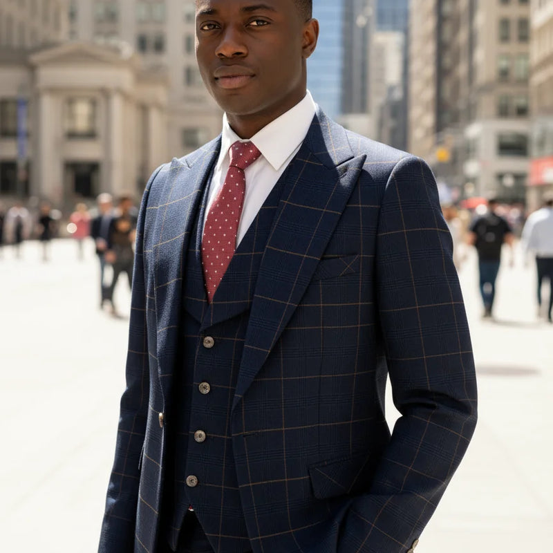 High Quality 3 Piece Checkered Suit Set Dark Blue Stylish Business Office Wedding Formal Outfit Elegant Full Man Dinner Suit