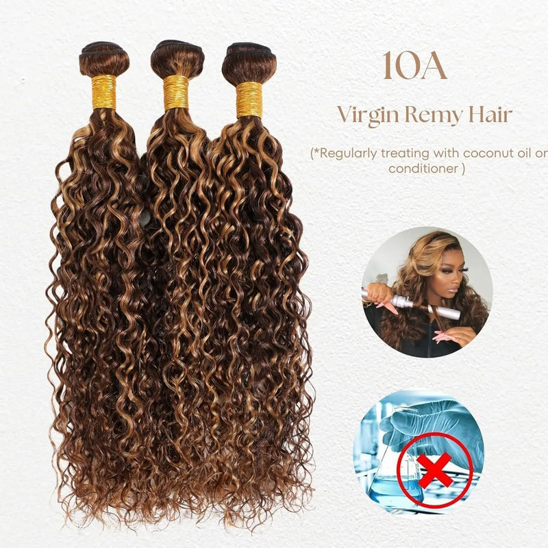 Highlight Water Wave Bundles P4/27 Honey Blonde Water Wave Human Hair Bundles 1/ 3 / 4 Bundles 30 Inch Deep Curly Wet and Wavy