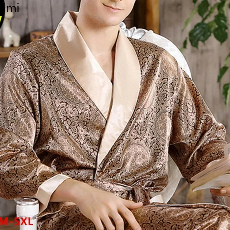 4XL 5XL Men's Luxury Pajamas Robes Silk Kimono Robe Long Sleeve Bathrobe Satin Nightgown Male Summer Home Clothing Oversize