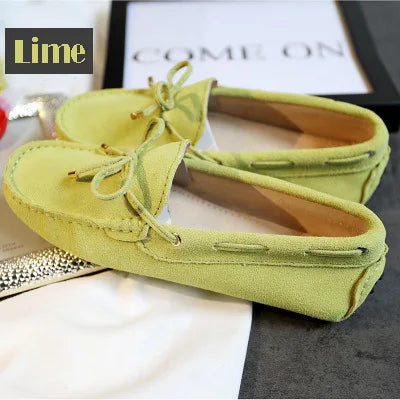 Cow leather womens shoes suede flats bow tie moccasins big size casual shoes size34-44