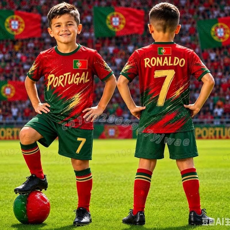 26 Boys Ronaldo No.7 Football Jersey Tee Shorts Set Women | SAMAG